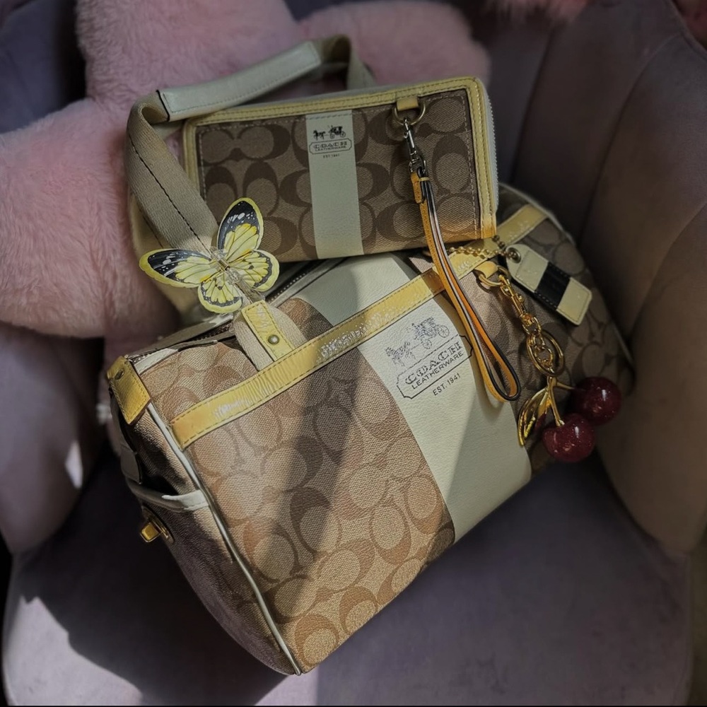 Coach Brown and Cream Signature Tote with Yellow Accents (includes wallet)